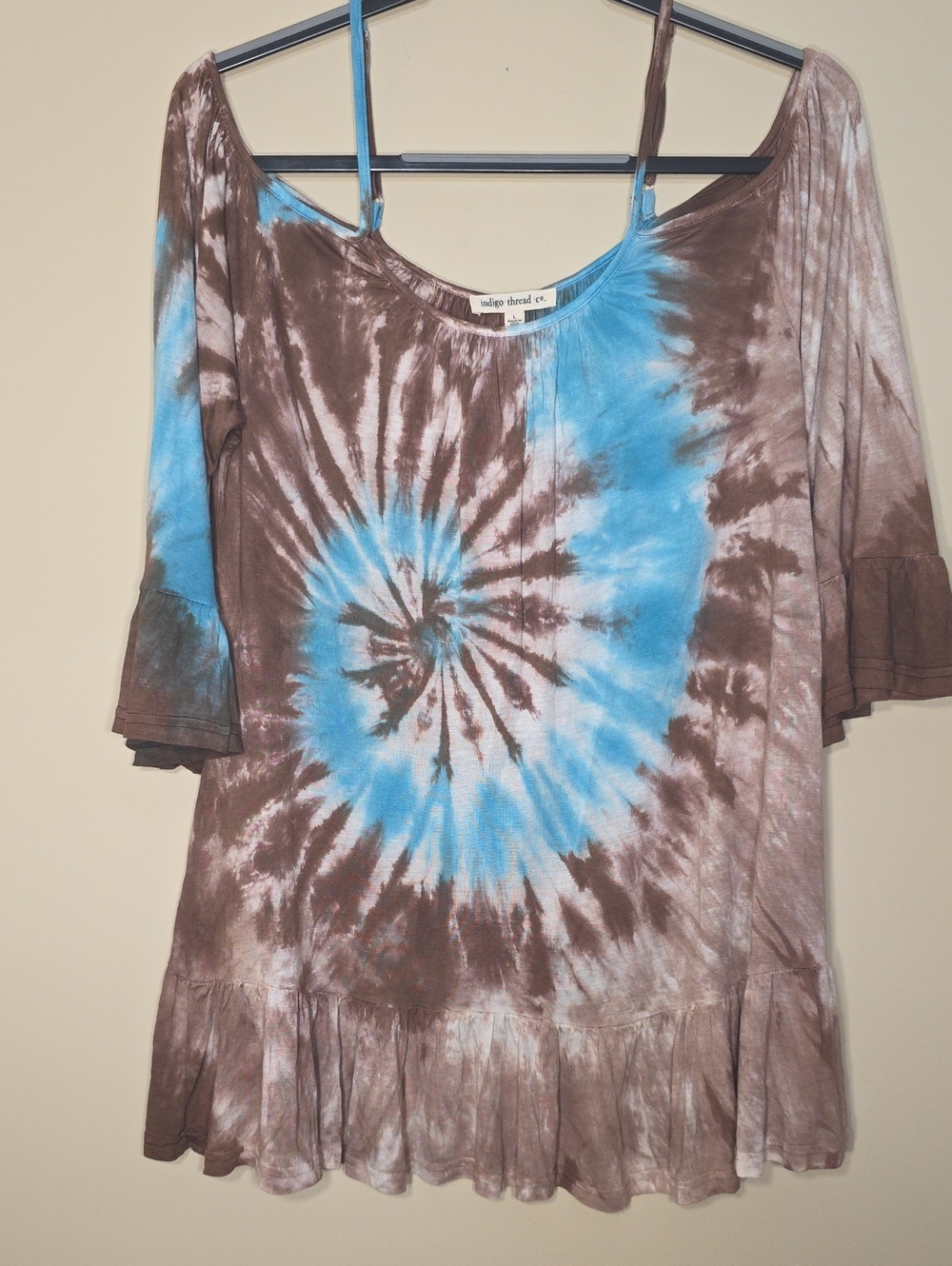 Indigo Thread Co. NIB Tie-Dye Ruffle Tunic | Size L | Boho Bell Sleeve Top - Picture 2 of 7
